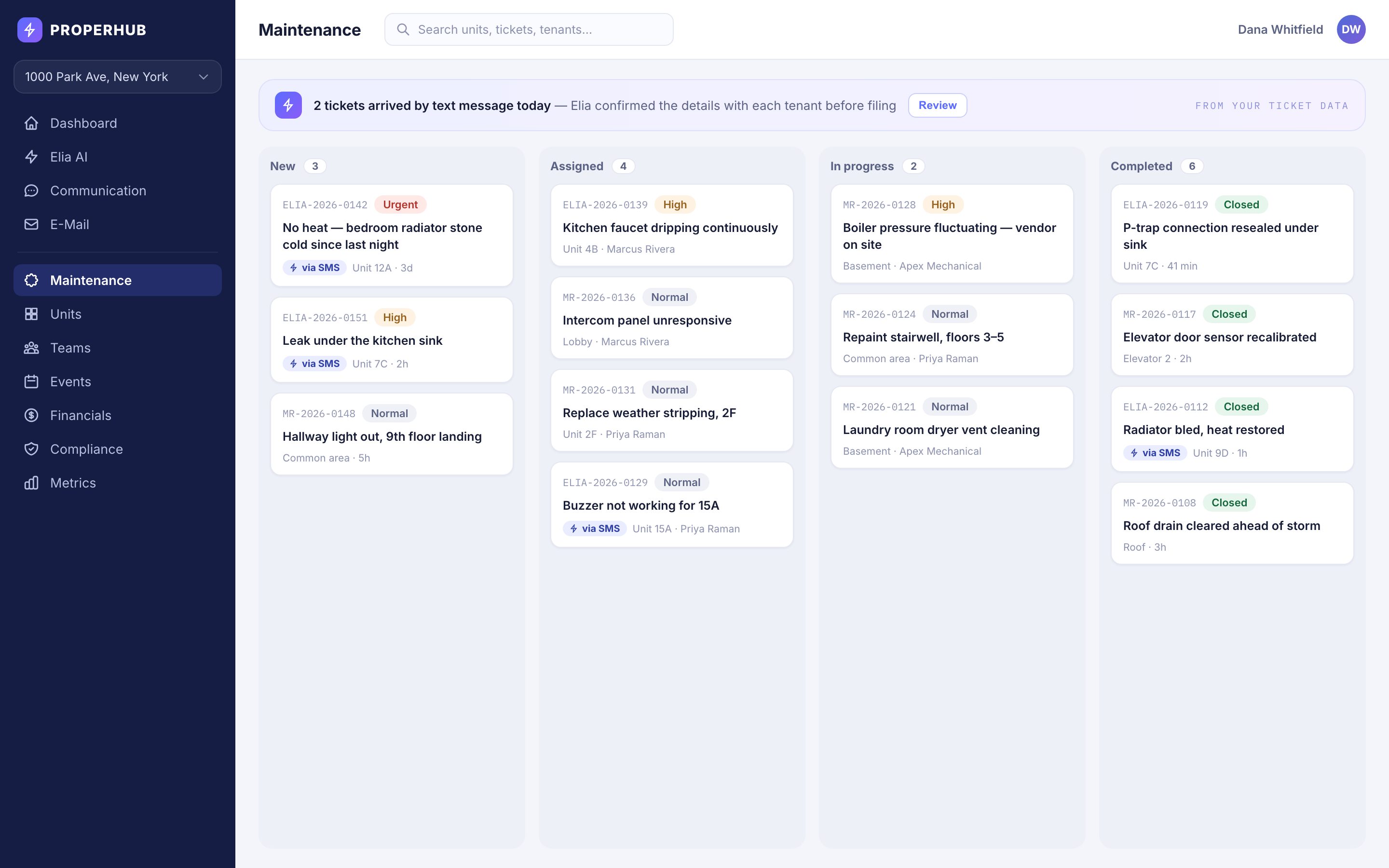 ProperHub maintenance board with tickets across New, Assigned, In progress and Completed columns; several are tagged as having arrived by SMS