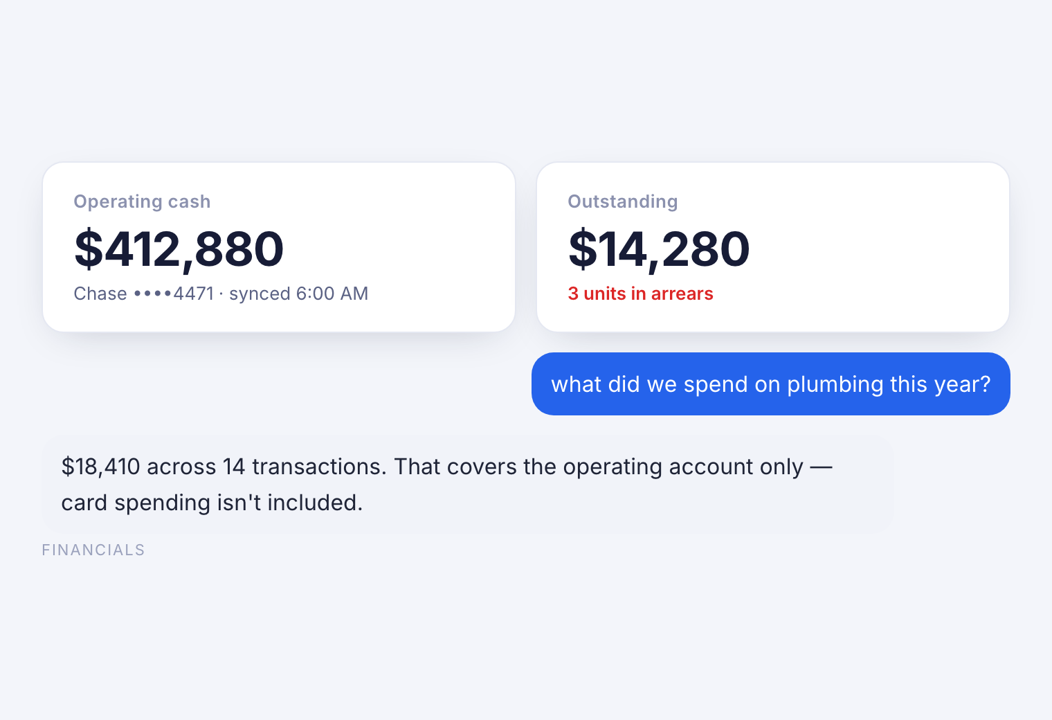 ProperHub financials page showing cash position tiles, Plaid-linked bank accounts and recent transactions